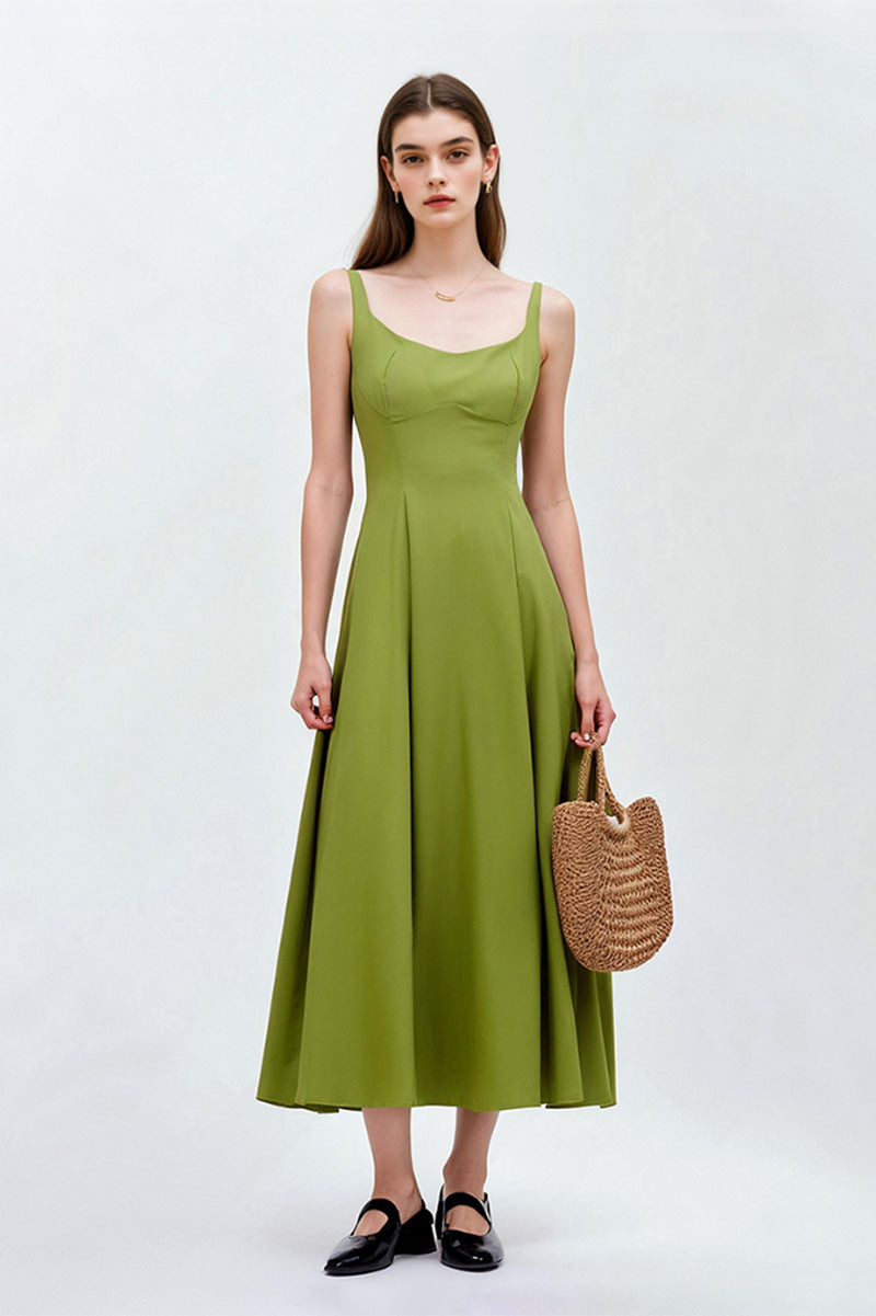 Olive Green Sleeveless Fit & Flare Midi Dress