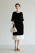 Ostrich-Feather Velvet Elbow-Sleeve Midi Dress with Pearl Trim