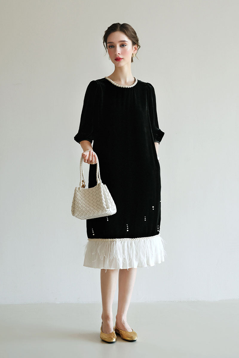 Ostrich-Feather Velvet Elbow-Sleeve Midi Dress with Pearl Trim