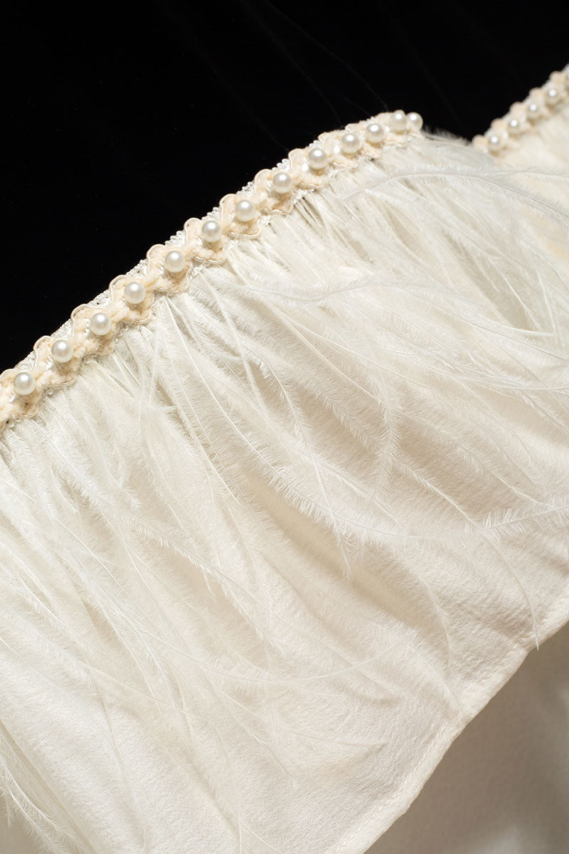 Ostrich-Feather Velvet Elbow-Sleeve Midi Dress with Pearl Trim