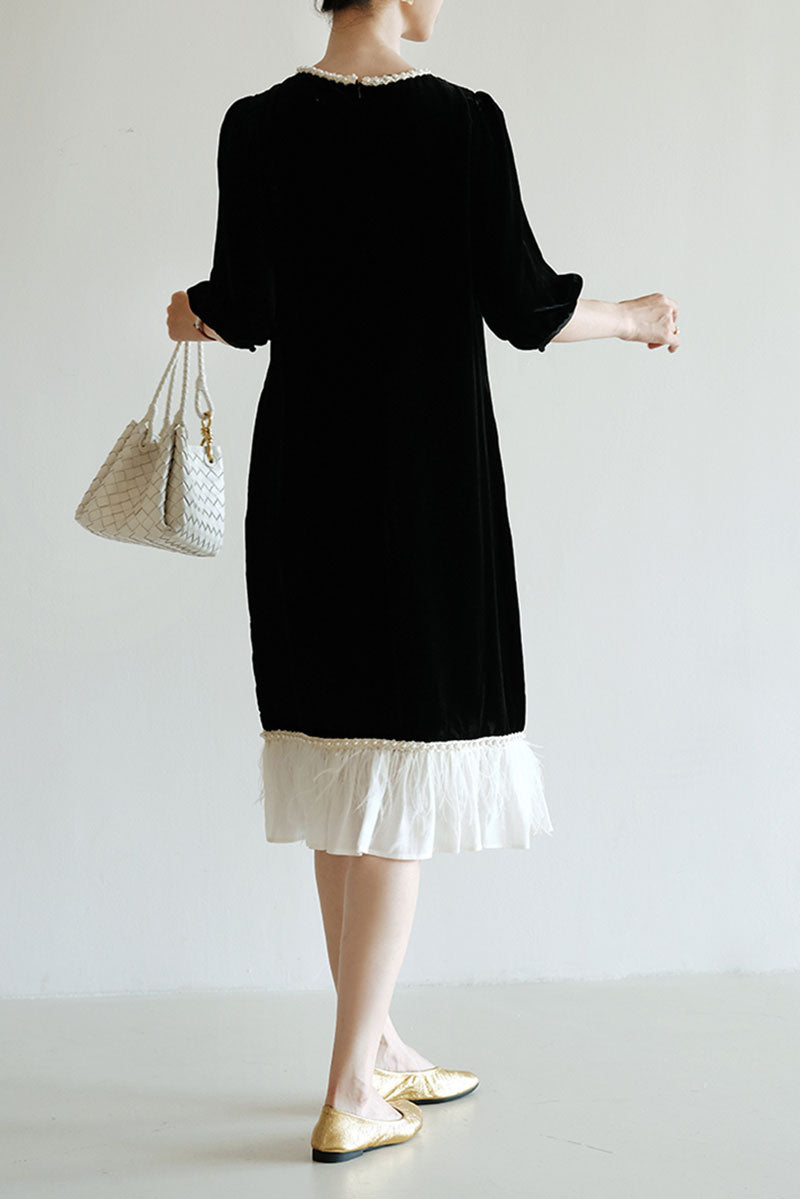 Ostrich-Feather Velvet Elbow-Sleeve Midi Dress with Pearl Trim