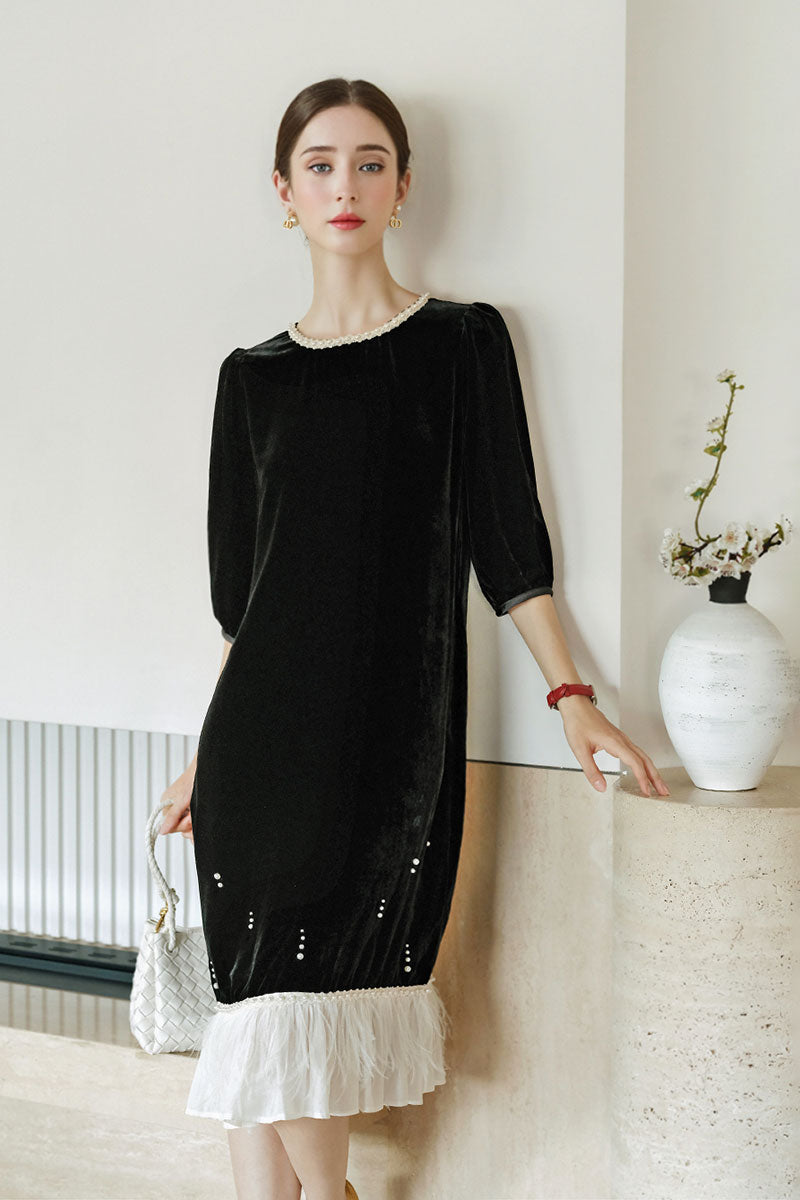 Ostrich-Feather Velvet Elbow-Sleeve Midi Dress with Pearl Trim