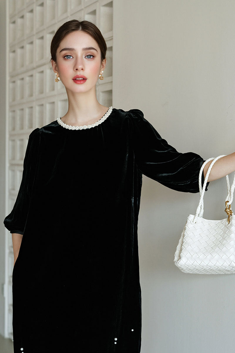 Ostrich-Feather Velvet Elbow-Sleeve Midi Dress with Pearl Trim