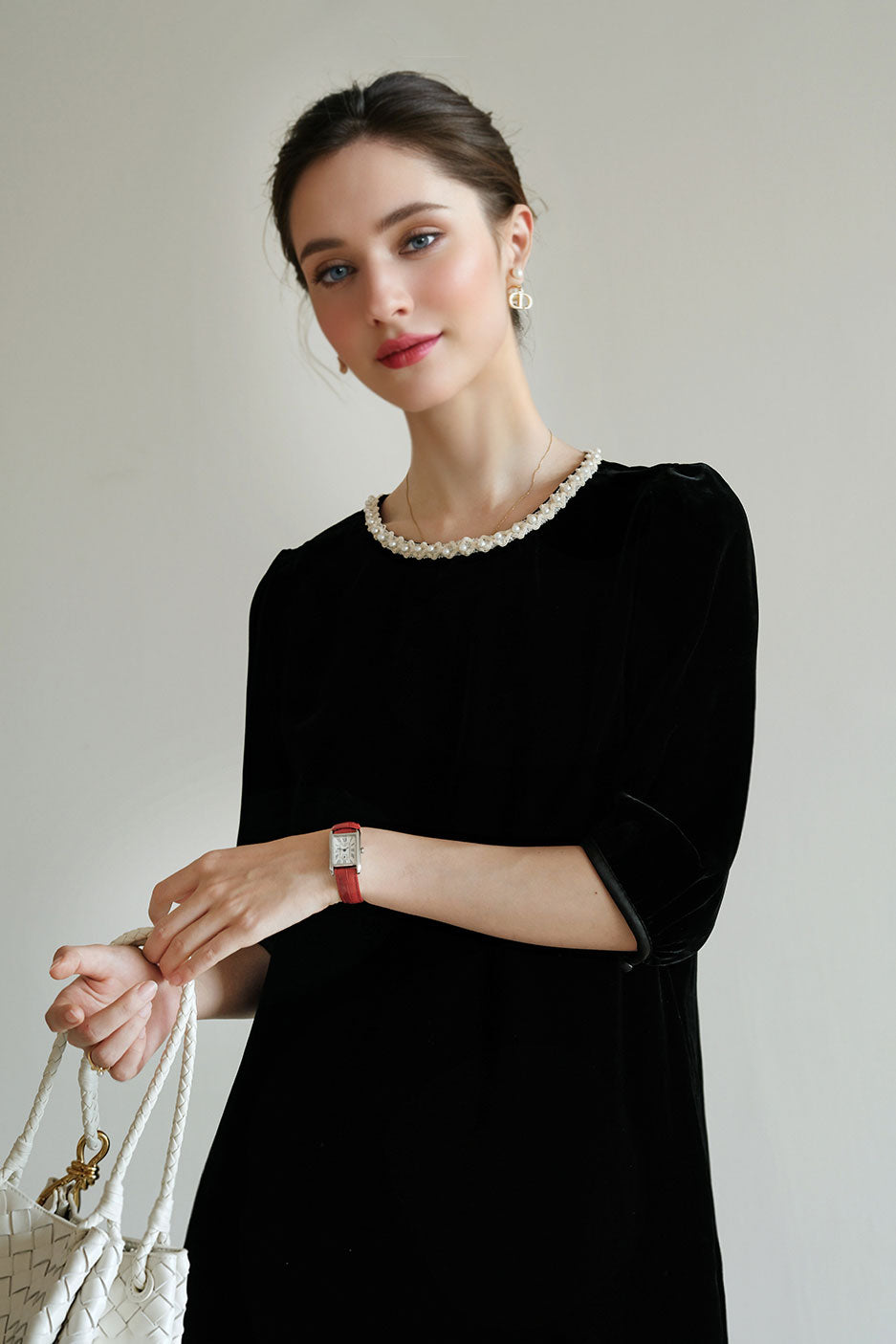 Ostrich-Feather Velvet Elbow-Sleeve Midi Dress with Pearl Trim