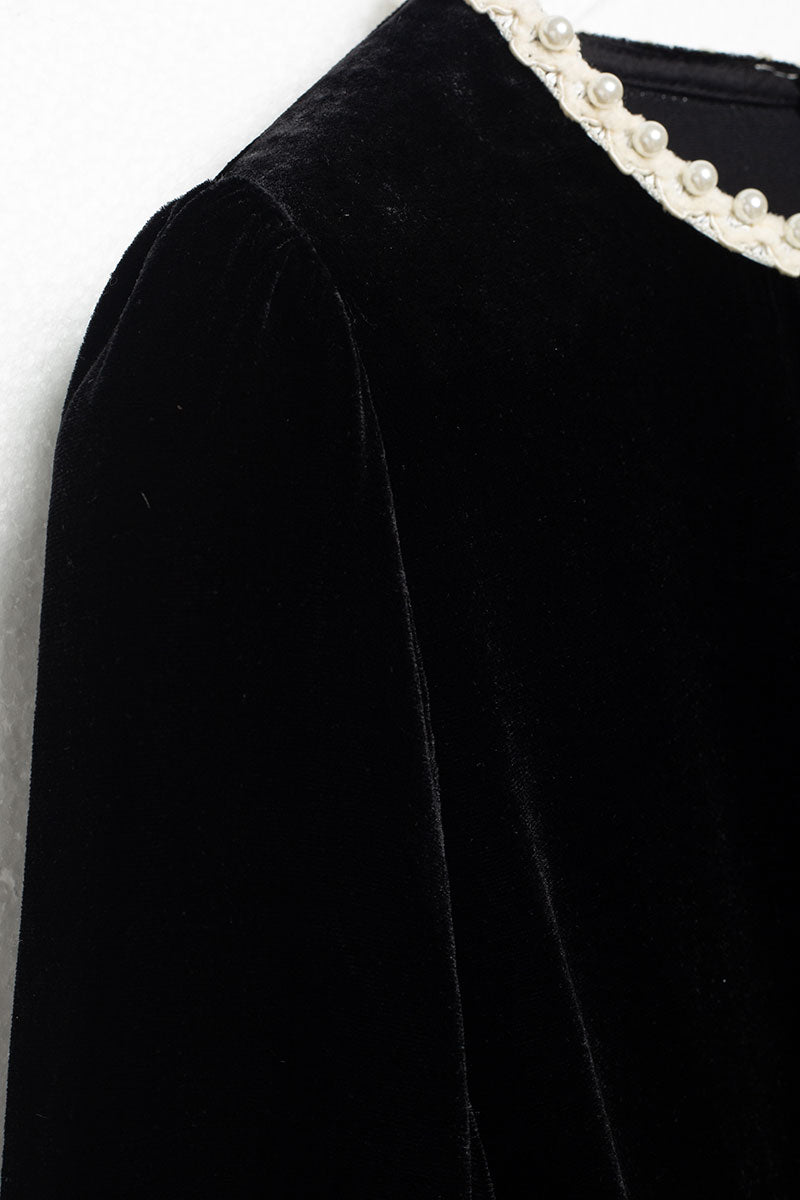 Ostrich-Feather Velvet Elbow-Sleeve Midi Dress with Pearl Trim