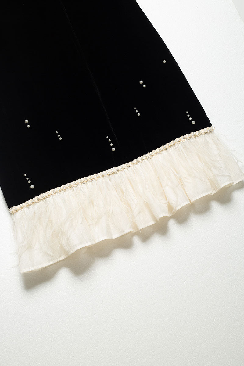Ostrich-Feather Velvet Elbow-Sleeve Midi Dress with Pearl Trim