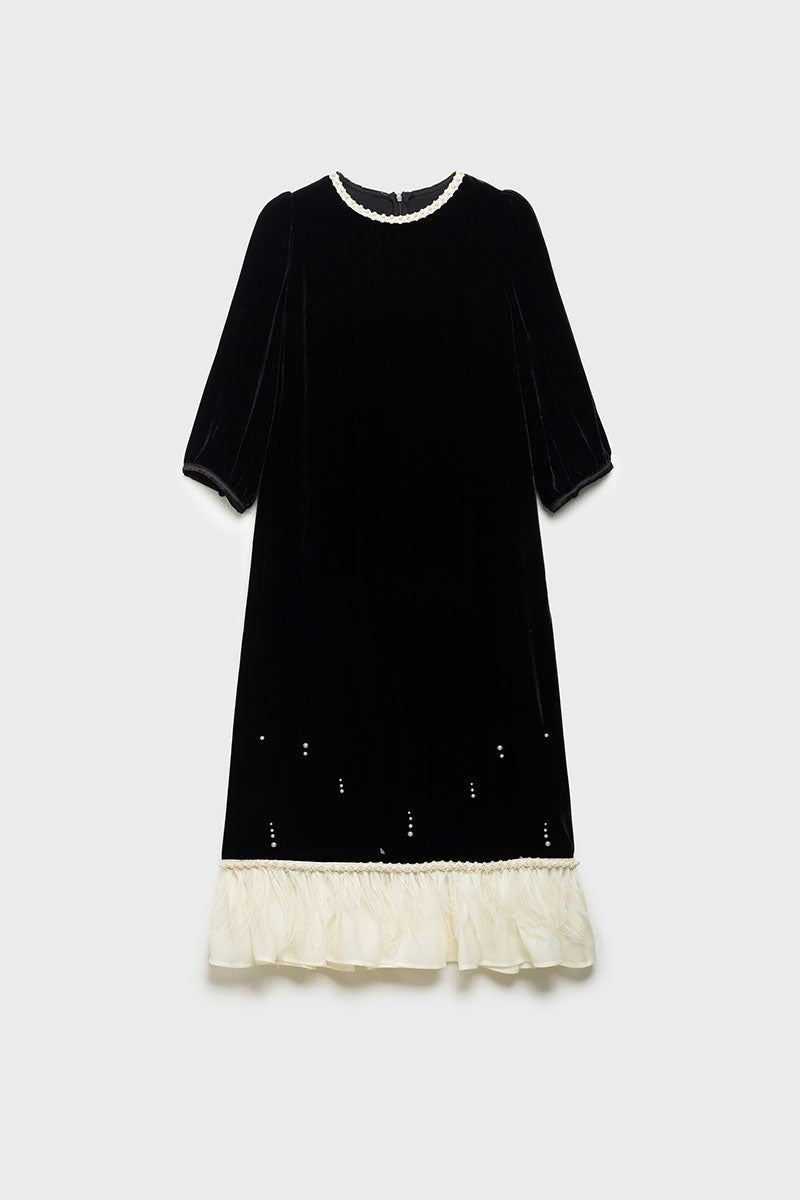 Ostrich-Feather Velvet Elbow-Sleeve Midi Dress with Pearl Trim