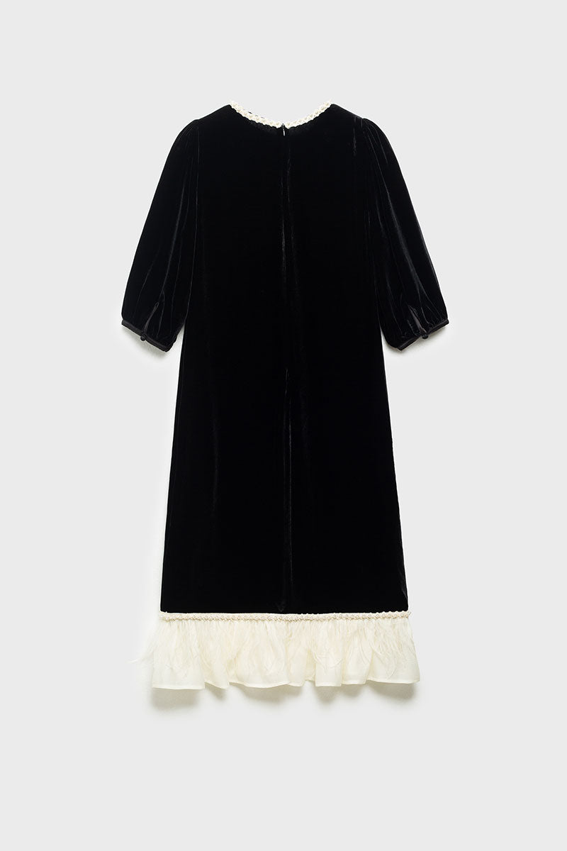Ostrich-Feather Velvet Elbow-Sleeve Midi Dress with Pearl Trim