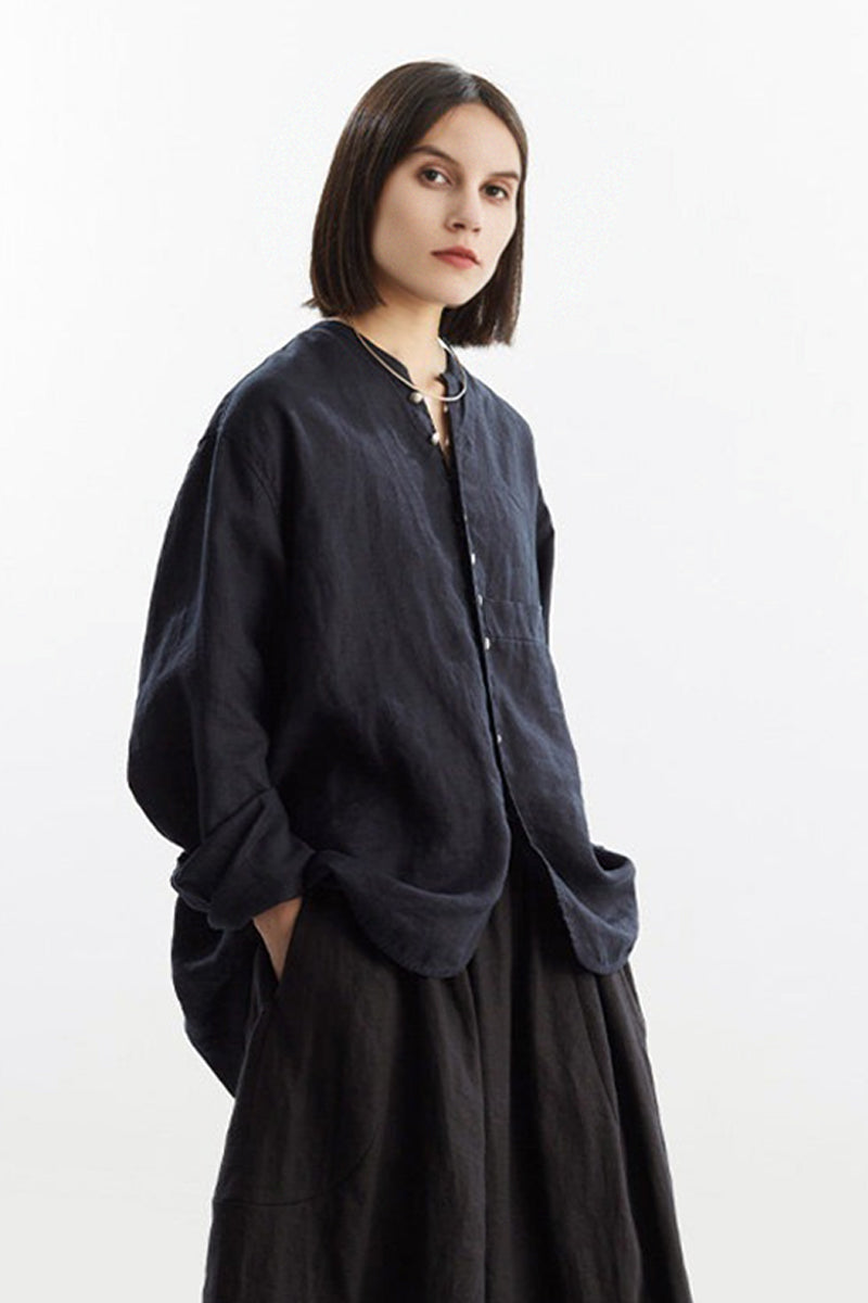 Oversized 100% Linen Herringbone Button-Down Shirt