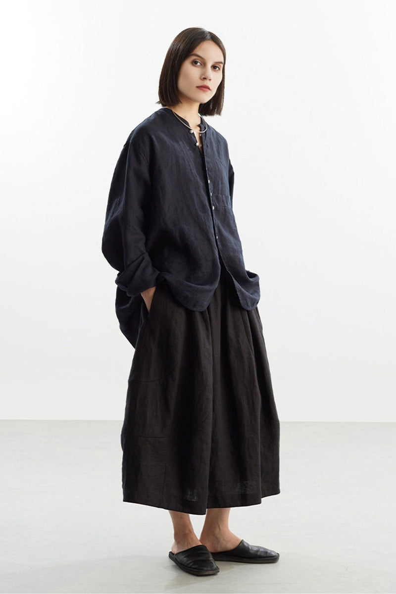 Oversized 100% Linen Herringbone Button-Down Shirt