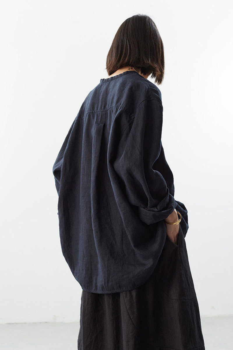 Oversized 100% Linen Herringbone Button-Down Shirt