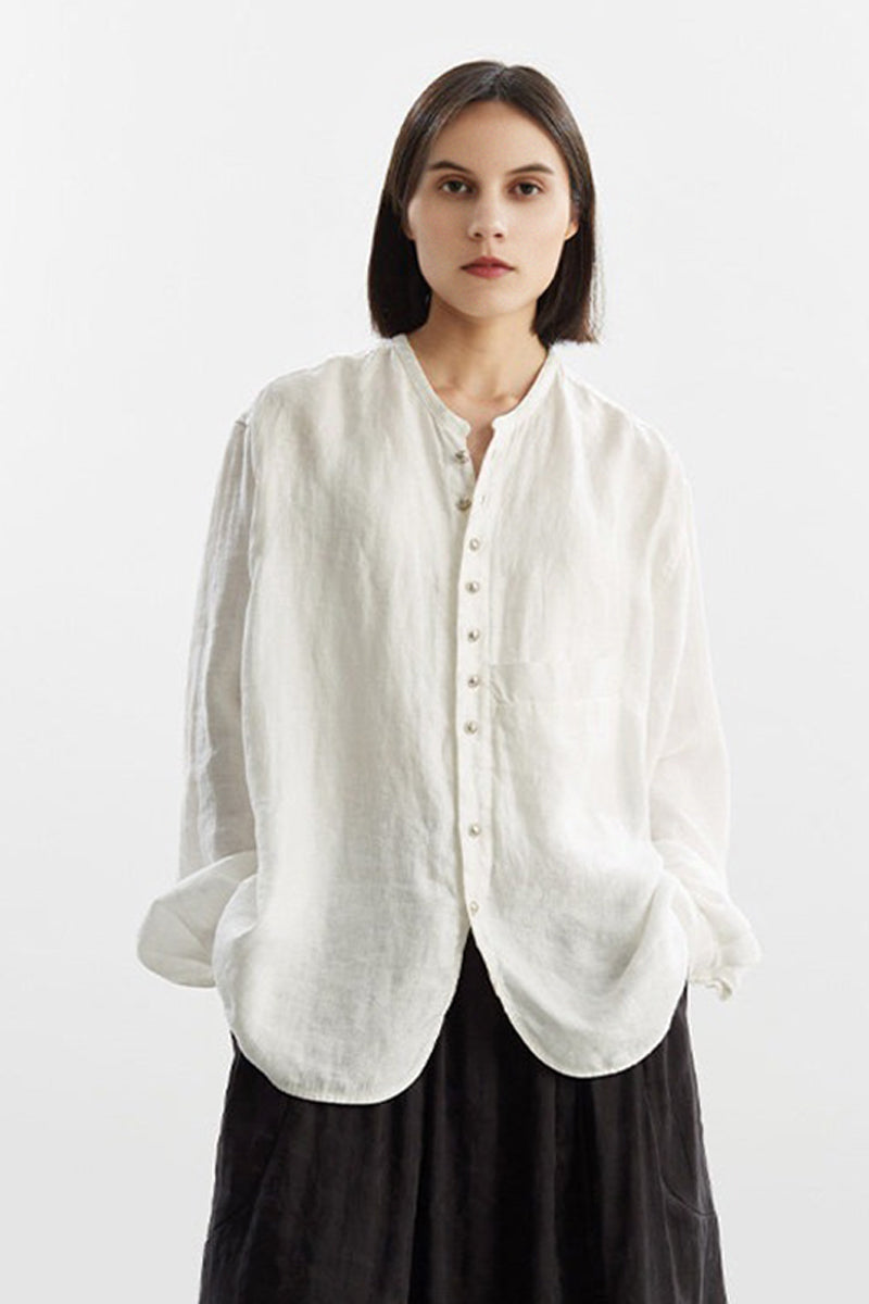 Oversized 100% Linen Herringbone Button-Down Shirt