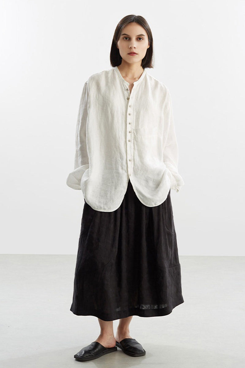 Oversized 100% Linen Herringbone Button-Down Shirt