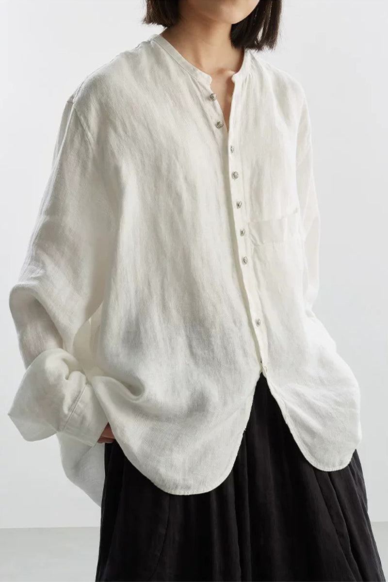Oversized 100% Linen Herringbone Button-Down Shirt
