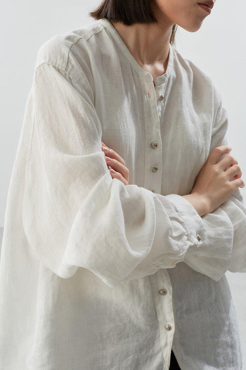 Oversized 100% Linen Herringbone Button-Down Shirt