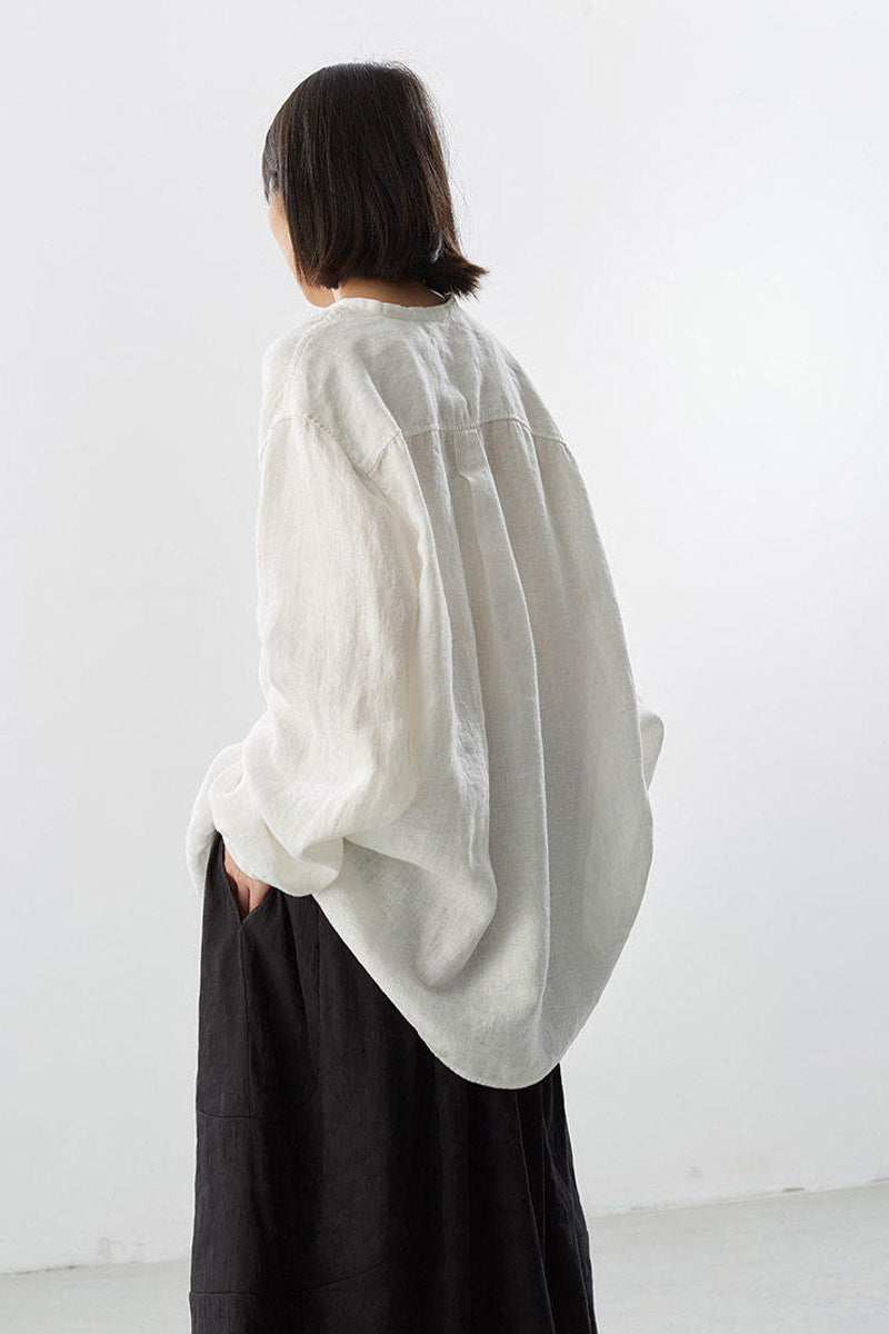 Oversized 100% Linen Herringbone Button-Down Shirt