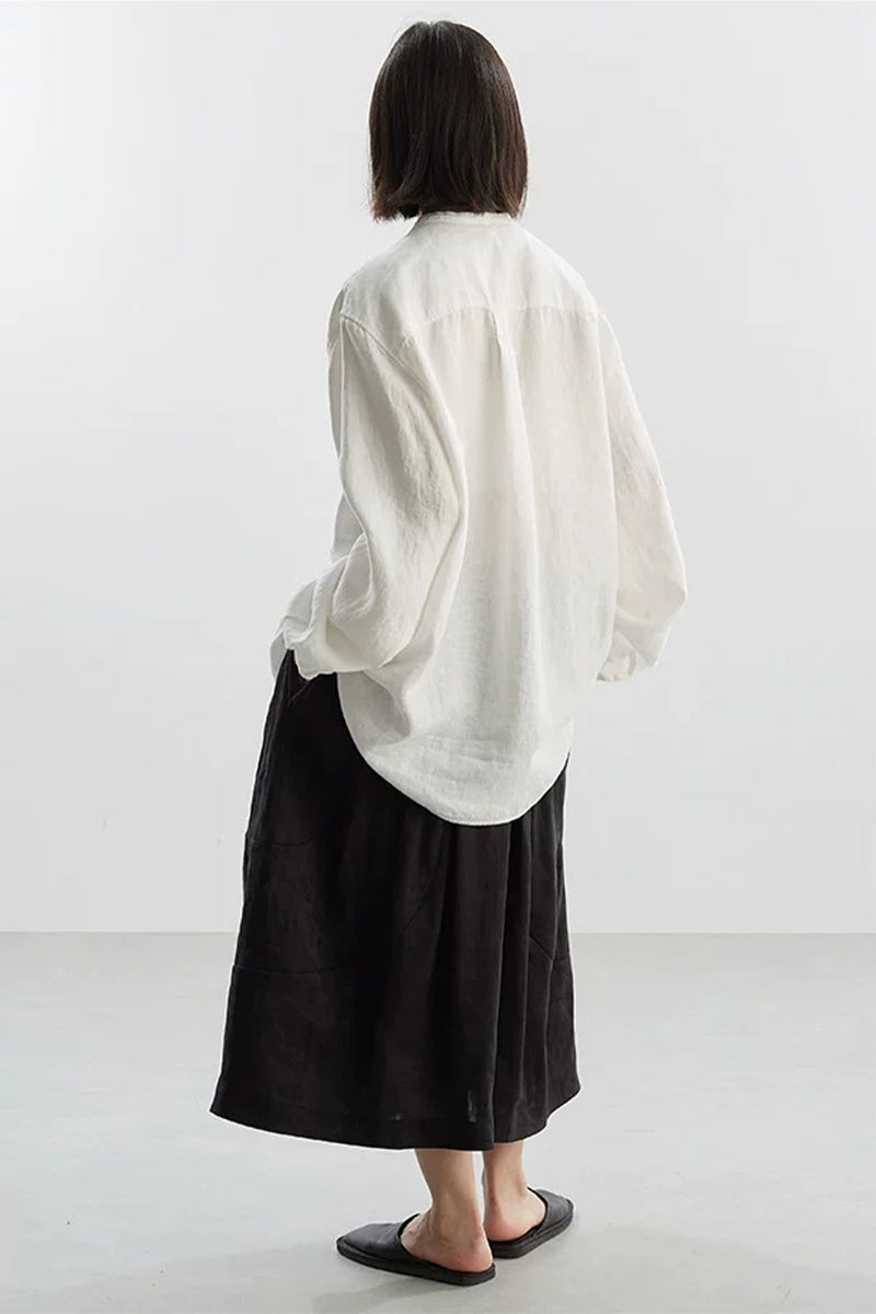 Oversized 100% Linen Herringbone Button-Down Shirt