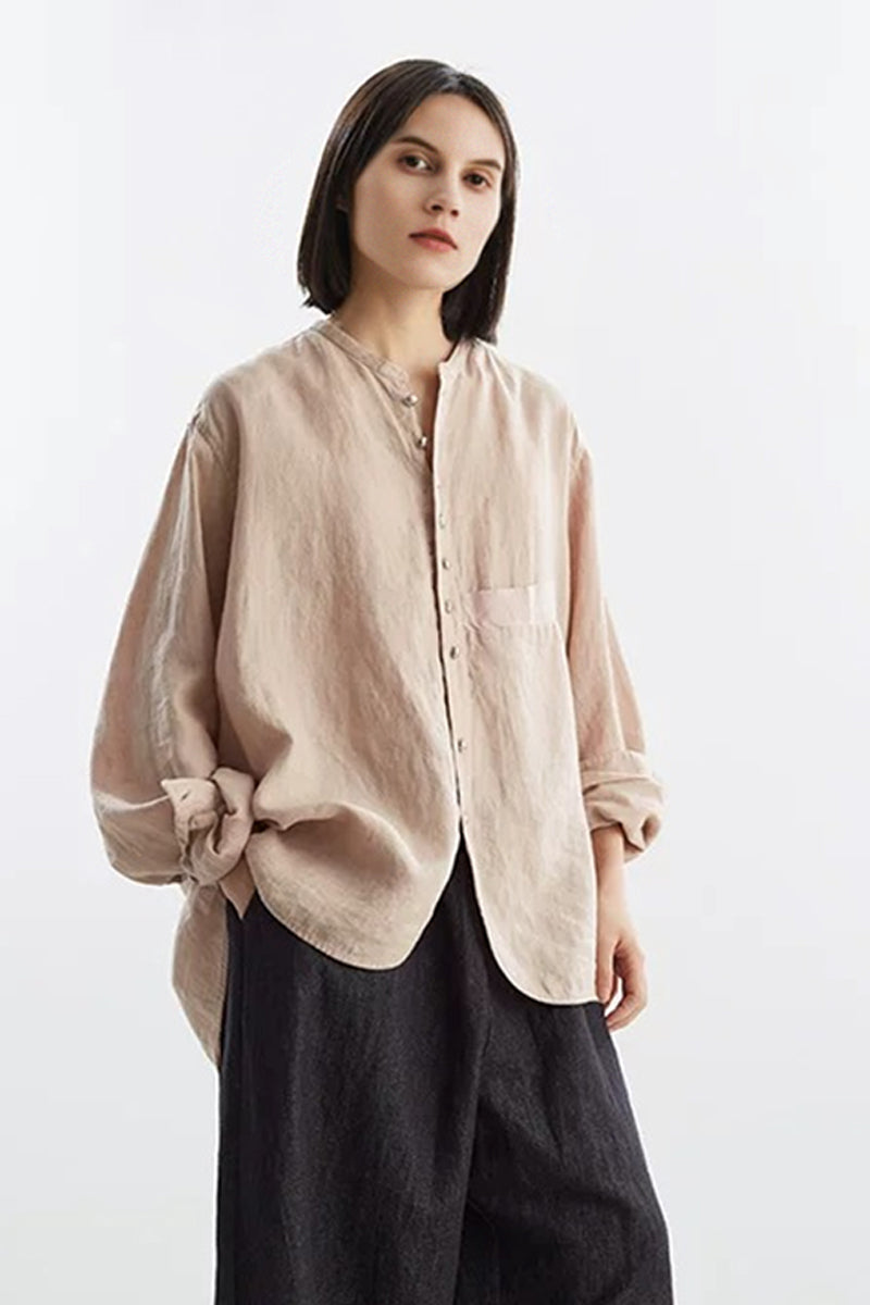 Oversized 100% Linen Herringbone Button-Down Shirt