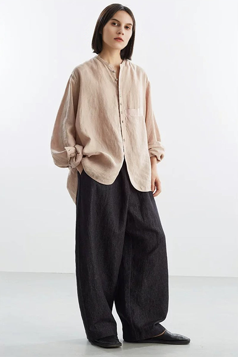 Oversized 100% Linen Herringbone Button-Down Shirt