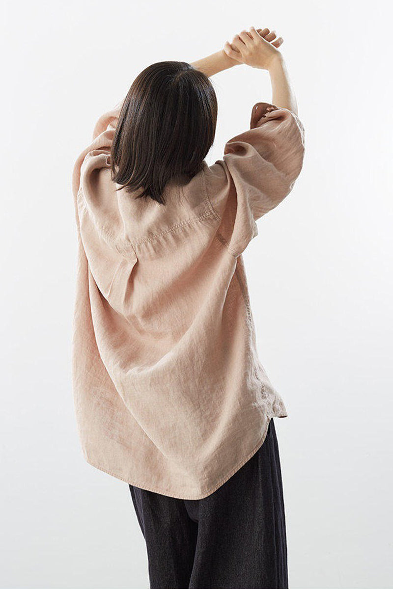 Oversized 100% Linen Herringbone Button-Down Shirt