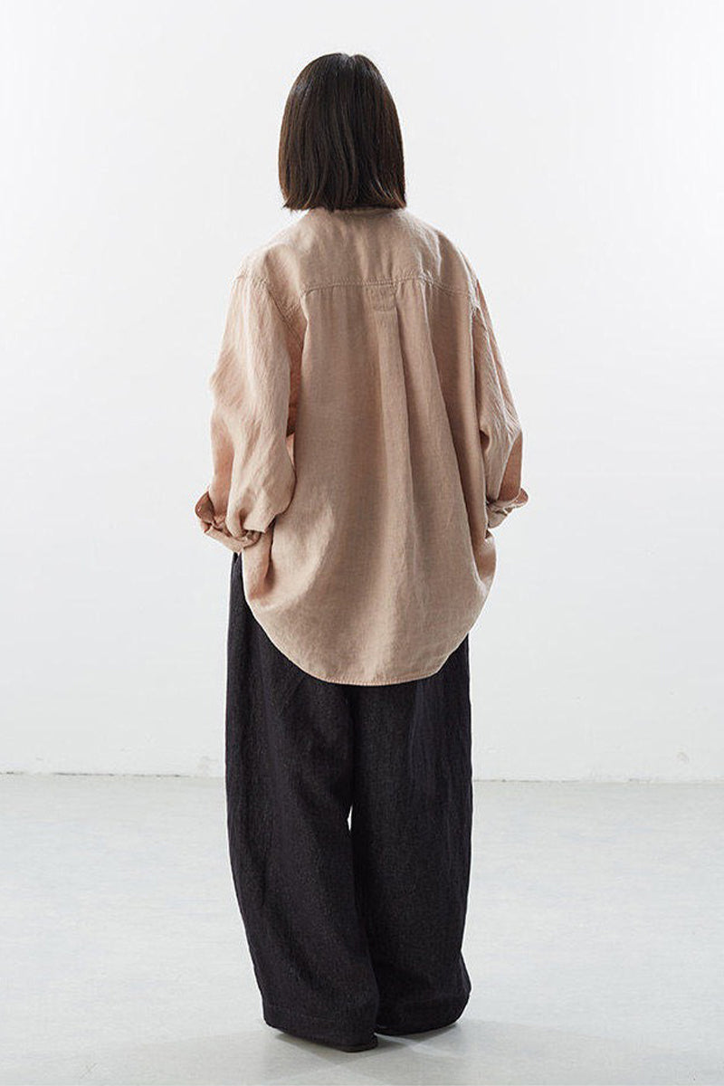 Oversized 100% Linen Herringbone Button-Down Shirt