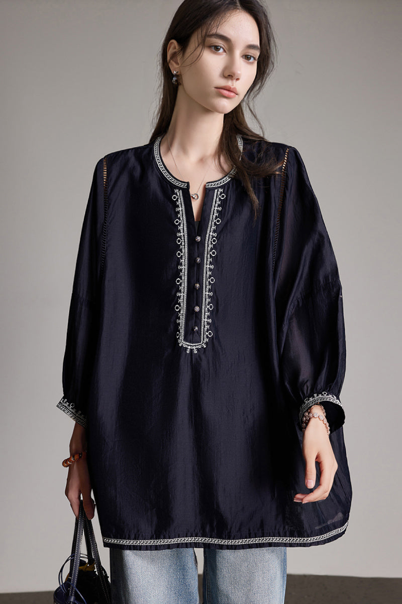 Oversized Boho Embroidered Tencel Balloon-Sleeve Blouse in Navy