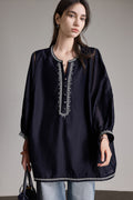 Oversized Boho Embroidered Tencel Balloon-Sleeve Blouse in Navy