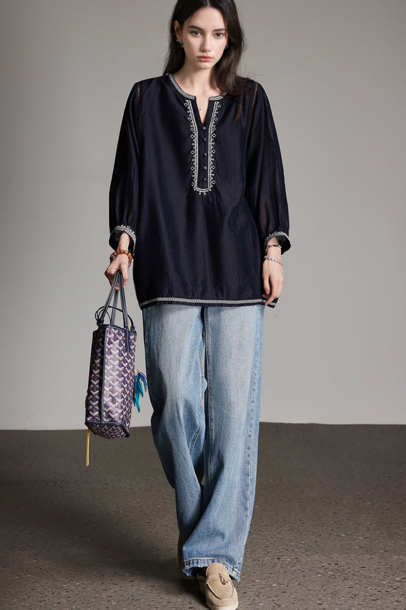Oversized Boho Embroidered Tencel Balloon-Sleeve Blouse in Navy