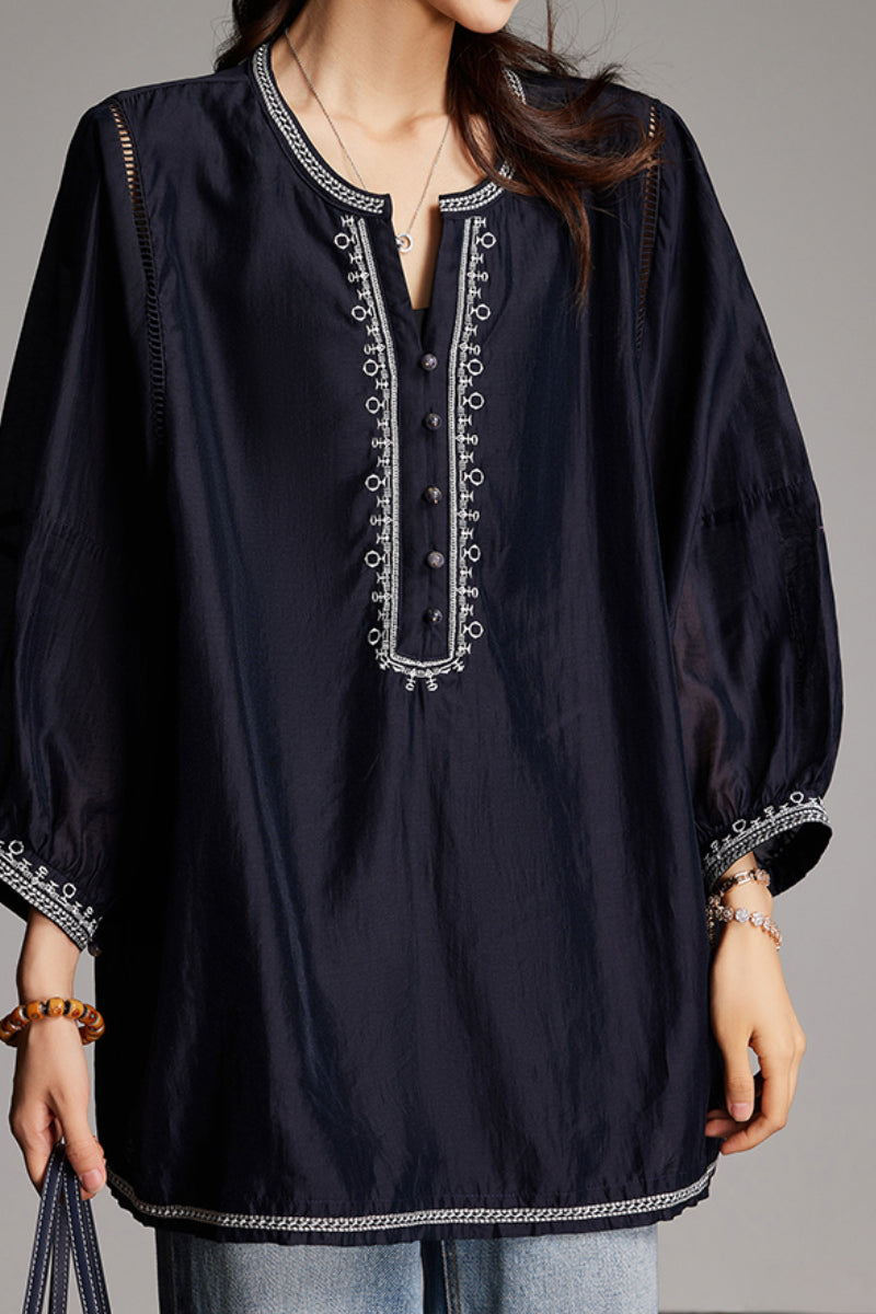 Oversized Boho Embroidered Tencel Balloon-Sleeve Blouse in Navy