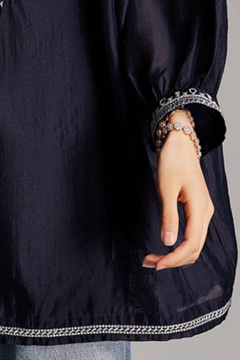Oversized Boho Embroidered Tencel Balloon-Sleeve Blouse in Navy