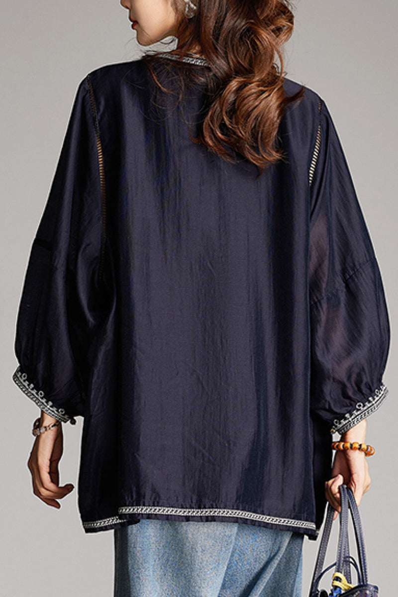 Oversized Boho Embroidered Tencel Balloon-Sleeve Blouse in Navy