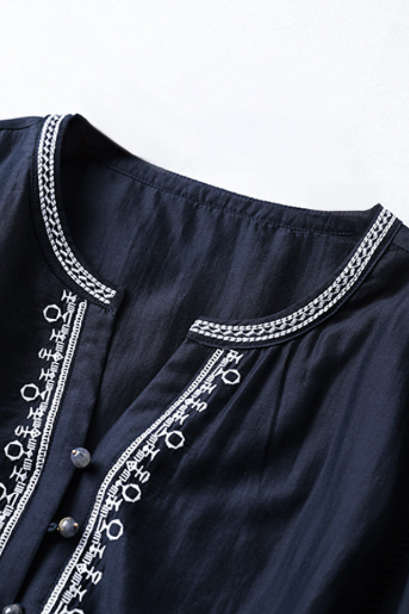Oversized Boho Embroidered Tencel Balloon-Sleeve Blouse in Navy