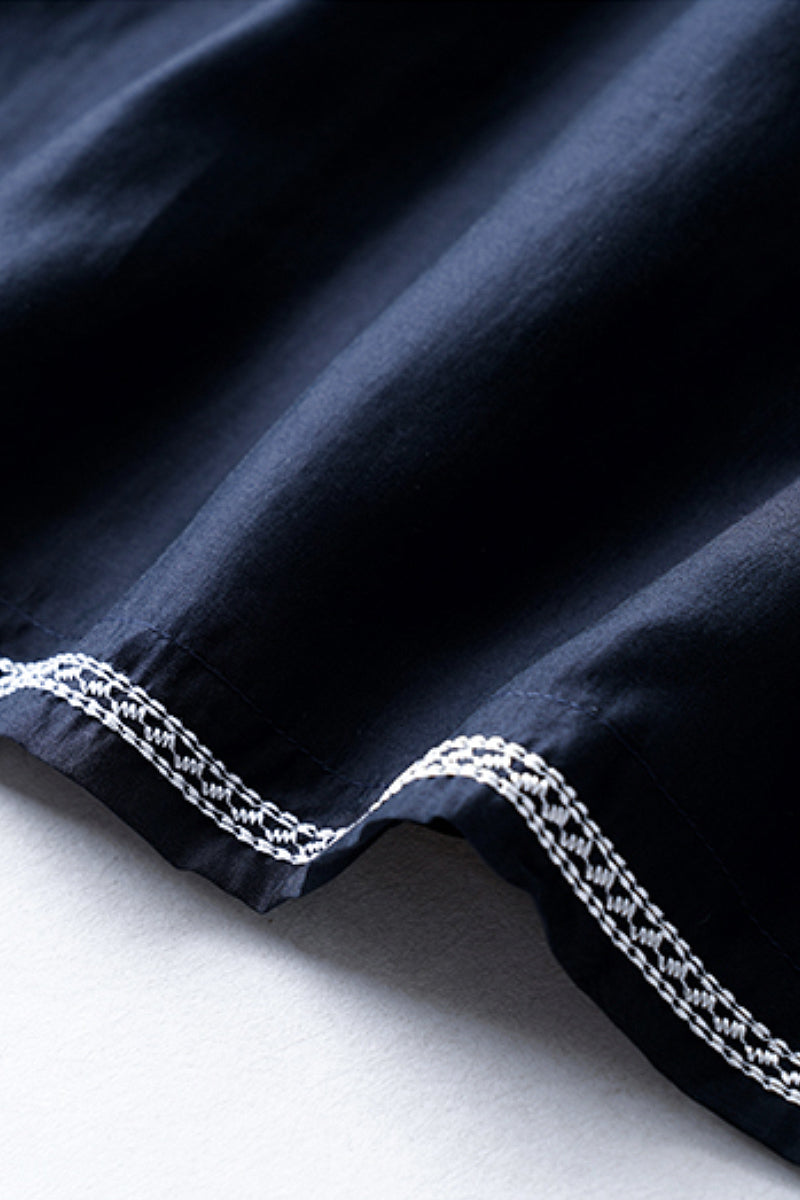 Oversized Boho Embroidered Tencel Balloon-Sleeve Blouse in Navy