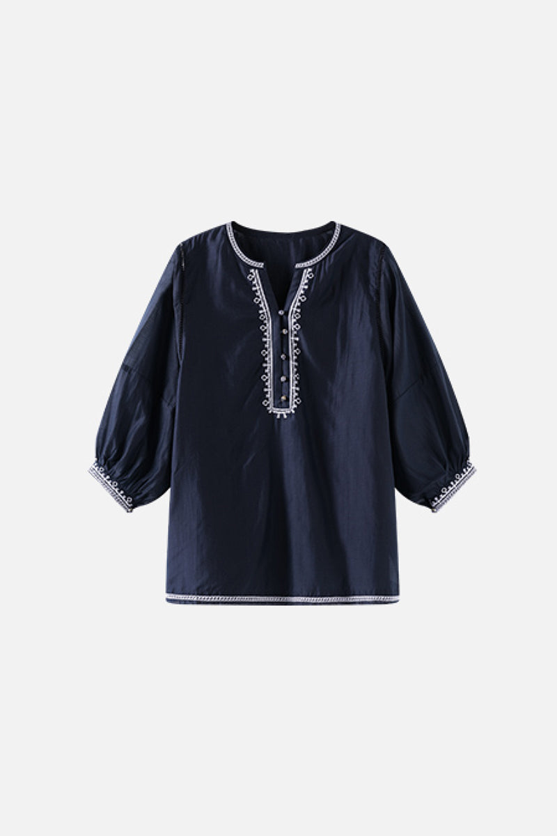 Oversized Boho Embroidered Tencel Balloon-Sleeve Blouse in Navy