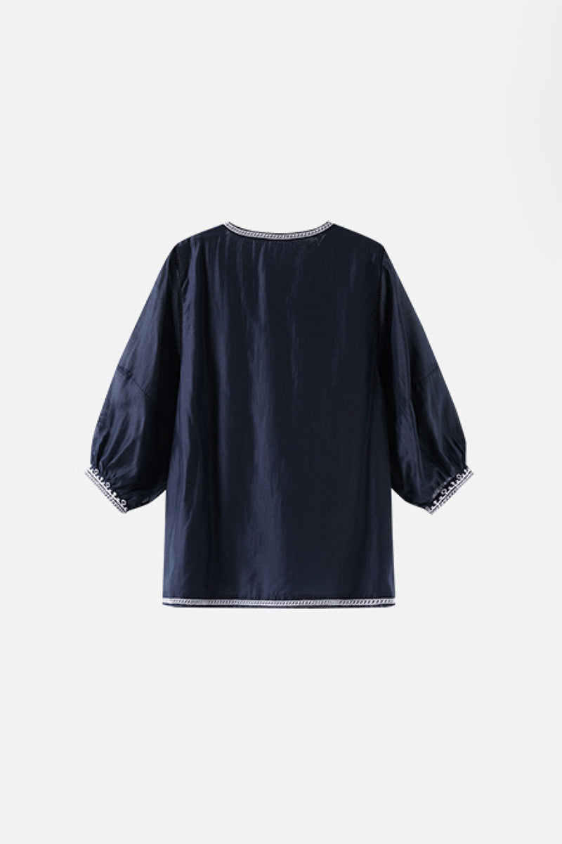 Oversized Boho Embroidered Tencel Balloon-Sleeve Blouse in Navy