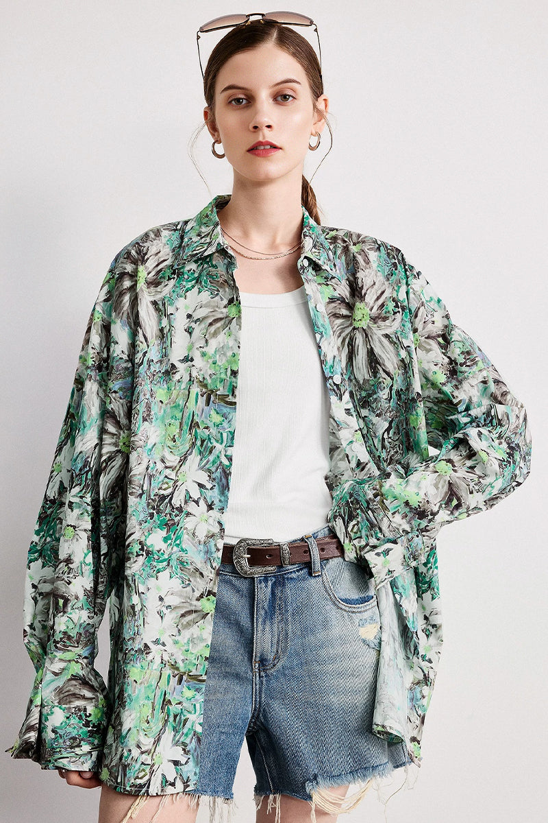 Oversized Cotton Floral Oil Painting Print Button-Up Shirt