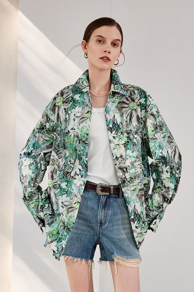 Oversized Cotton Floral Oil Painting Print Button-Up Shirt