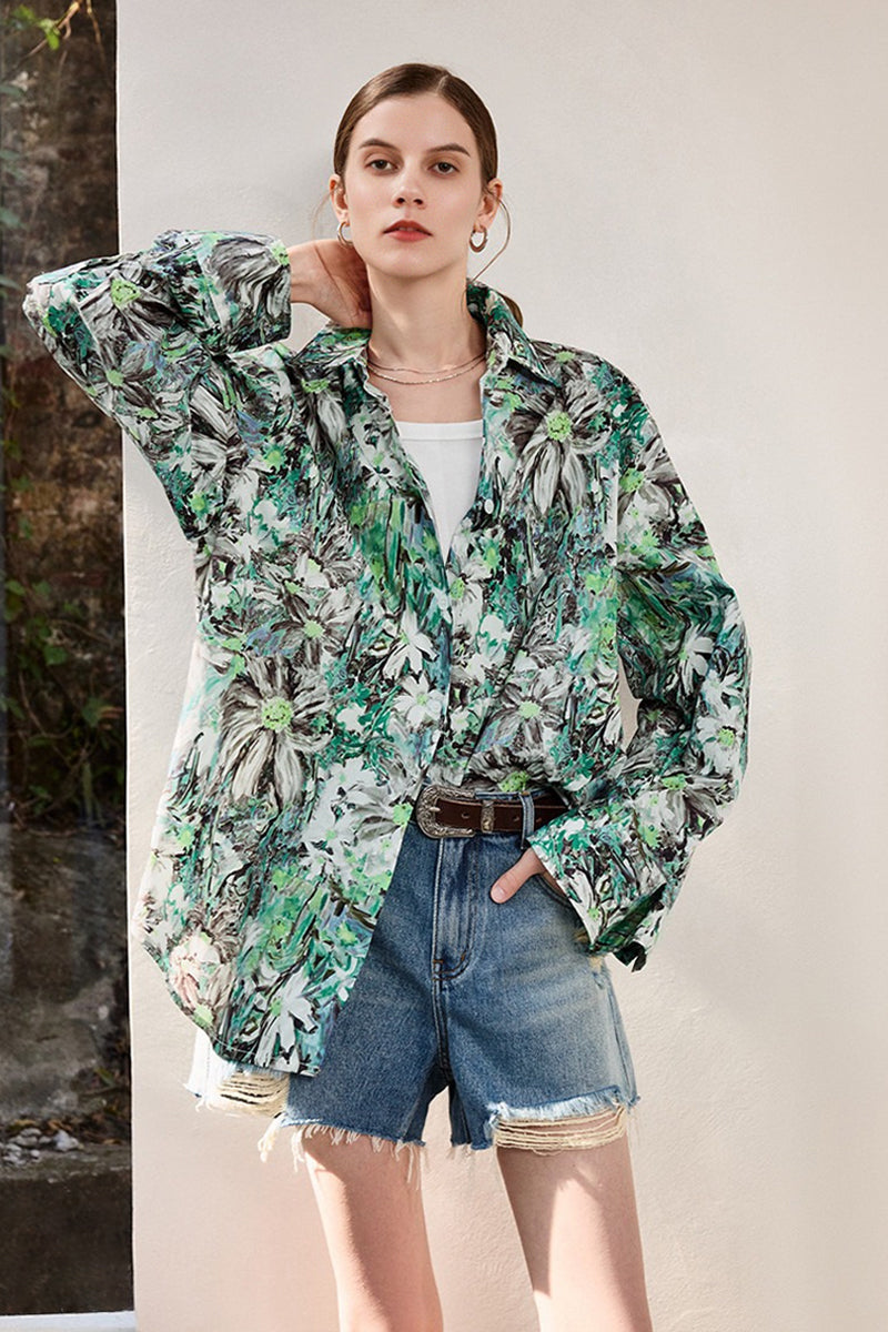 Oversized Cotton Floral Oil Painting Print Button-Up Shirt