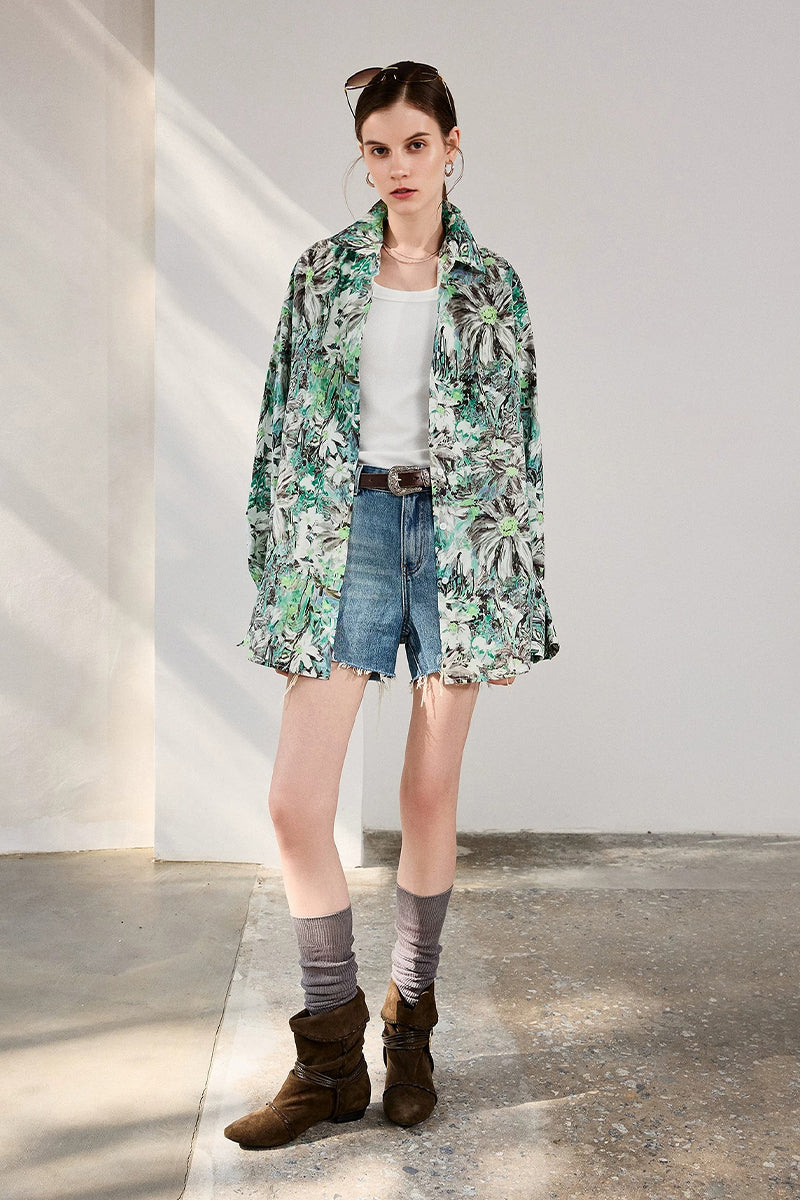 Oversized Cotton Floral Oil Painting Print Button-Up Shirt
