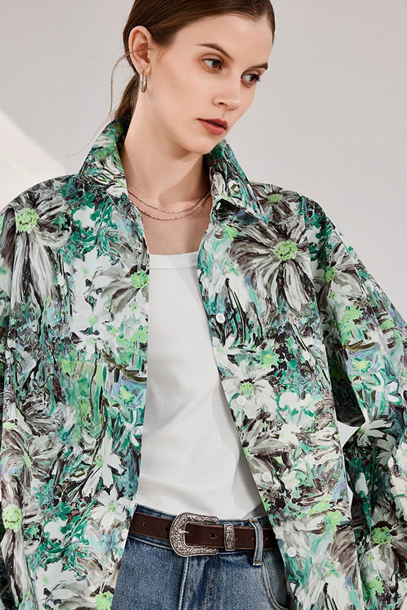Oversized Cotton Floral Oil Painting Print Button-Up Shirt