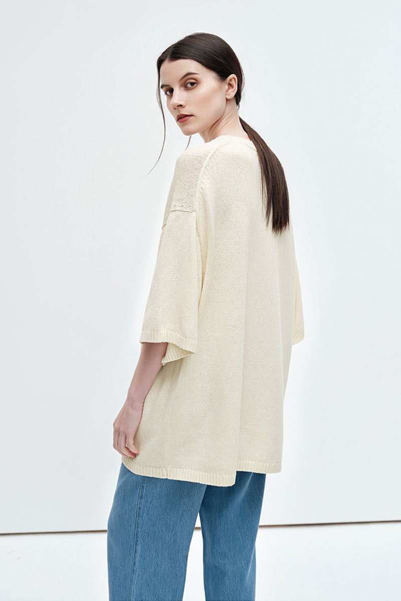 Oversized Cotton-Hemp Half Sleeve Knit Top
