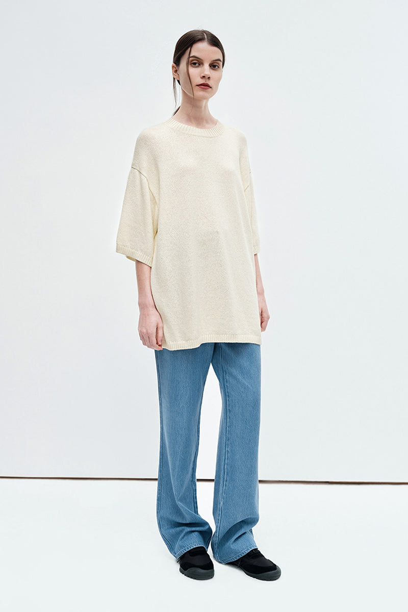 Oversized Cotton-Hemp Half Sleeve Knit Top