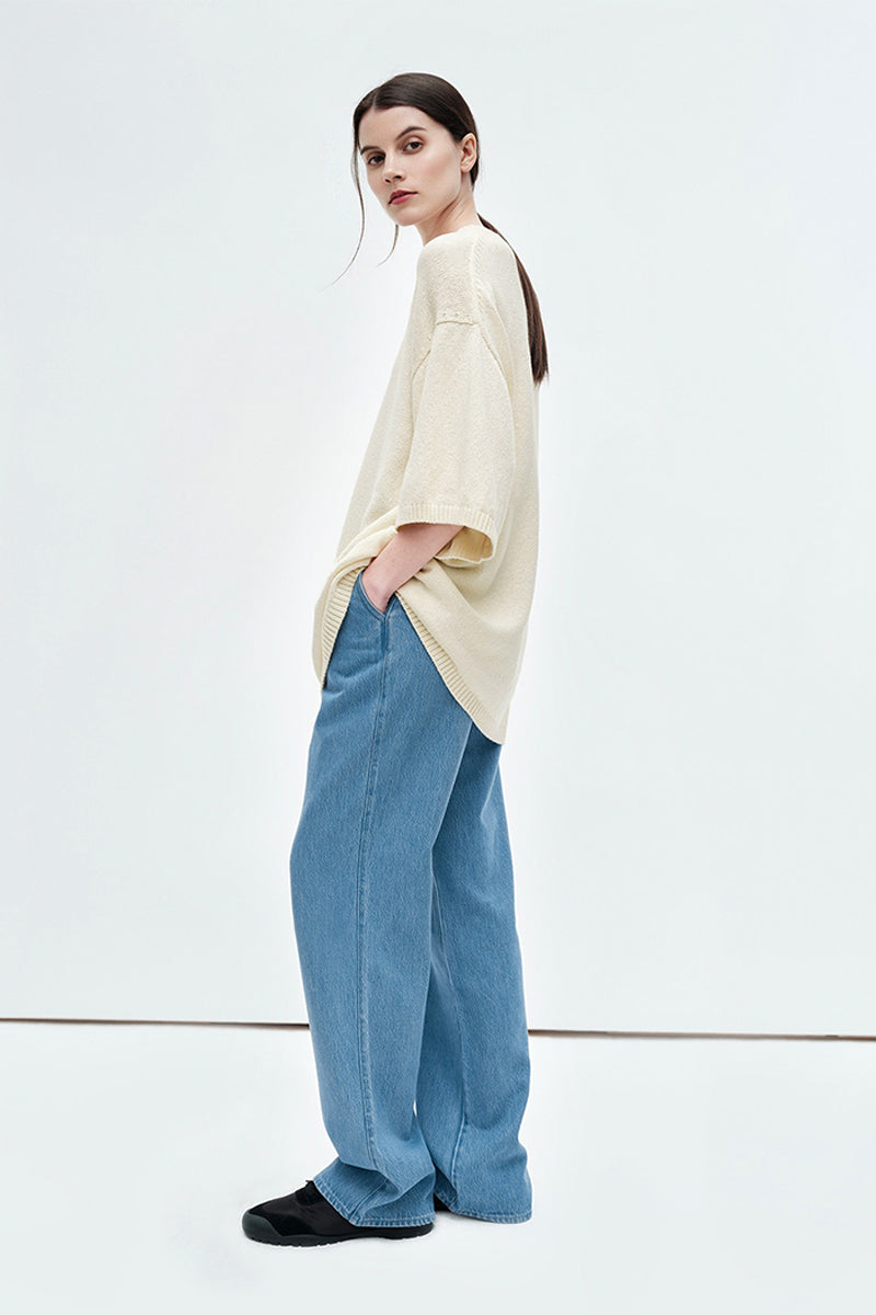 Oversized Cotton-Hemp Half Sleeve Knit Top