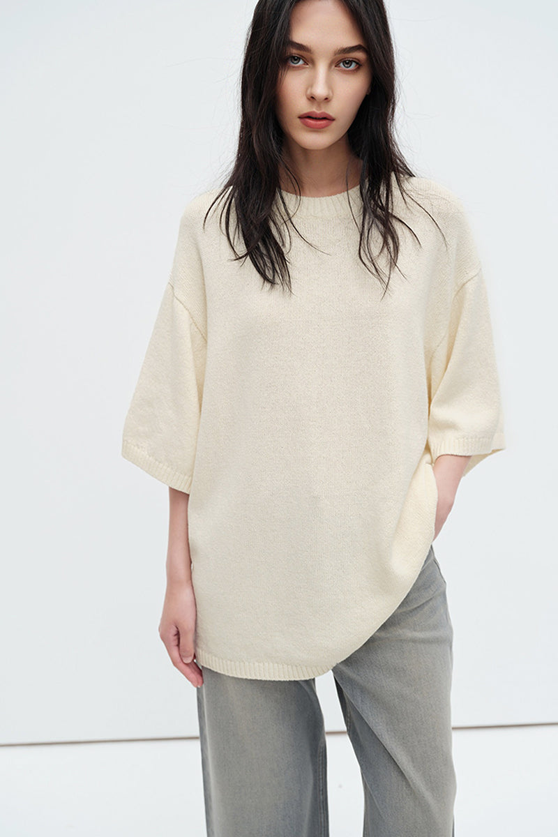 Oversized Cotton-Hemp Half Sleeve Knit Top