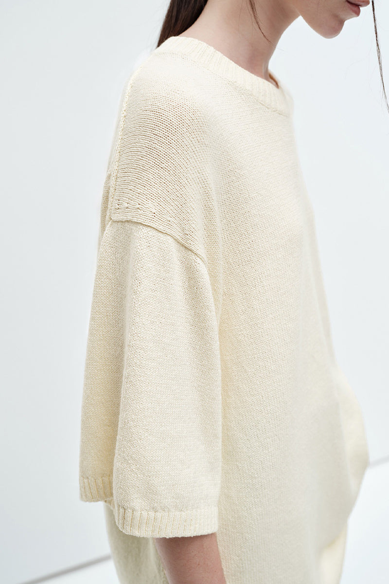 Oversized Cotton-Hemp Half Sleeve Knit Top