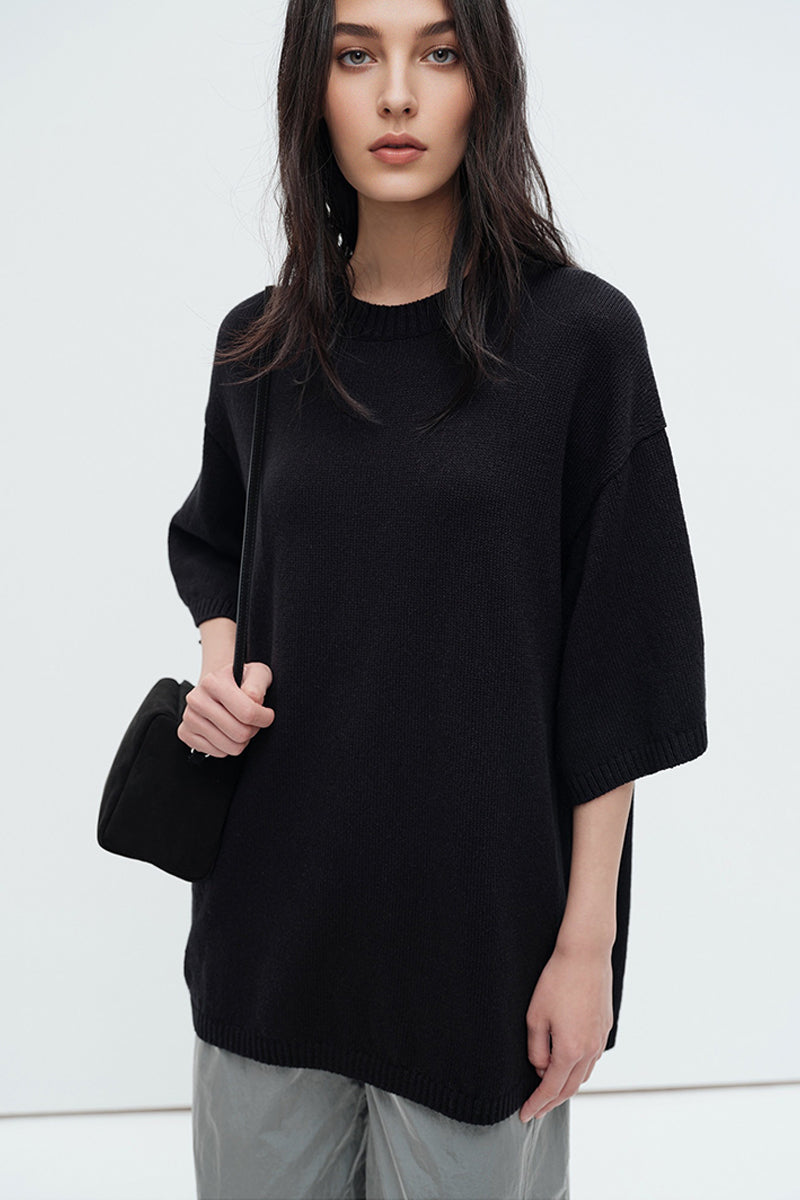 Oversized Cotton-Hemp Half Sleeve Knit Top