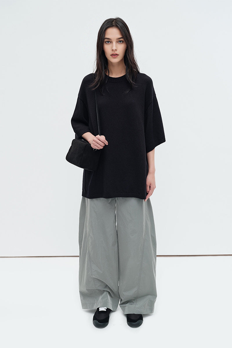 Oversized Cotton-Hemp Half Sleeve Knit Top