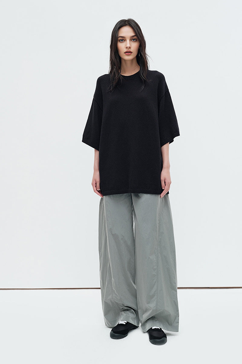 Oversized Cotton-Hemp Half Sleeve Knit Top