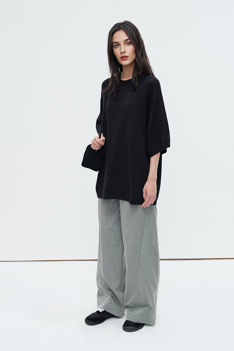Oversized Cotton-Hemp Half Sleeve Knit Top