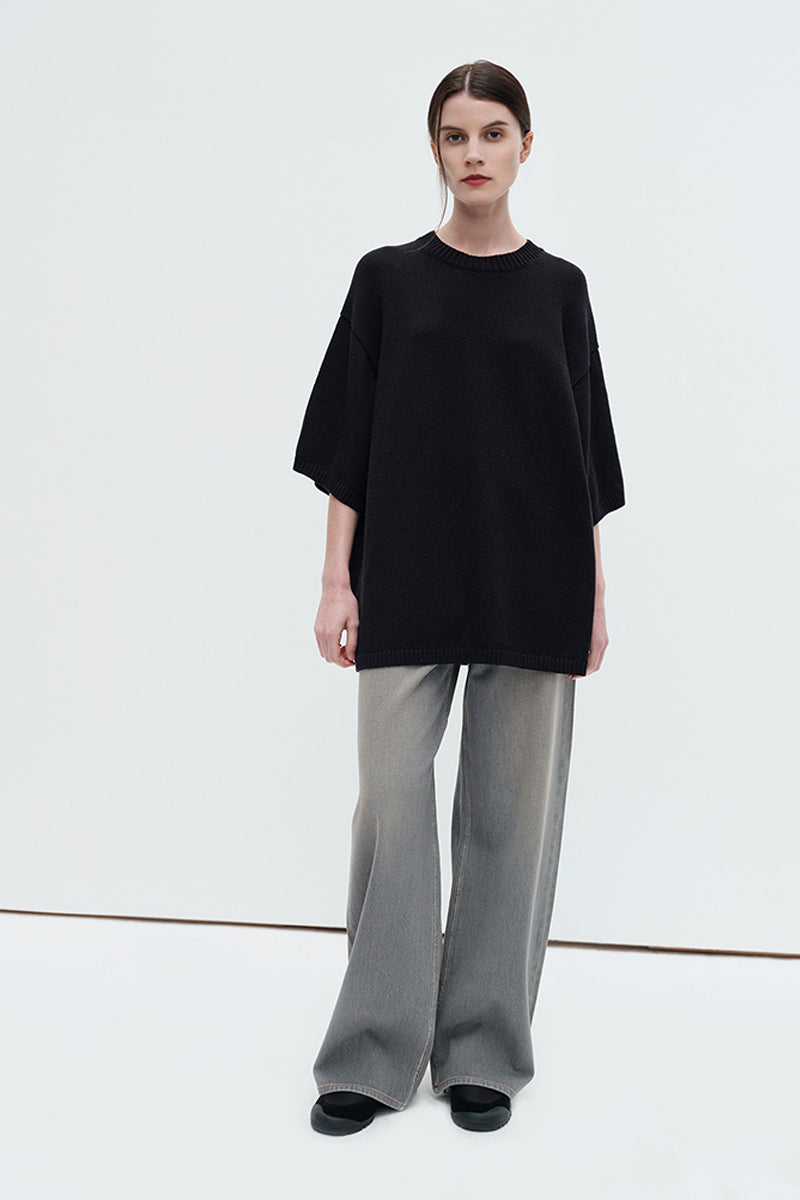 Oversized Cotton-Hemp Half Sleeve Knit Top
